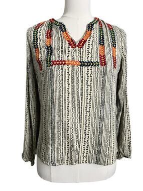 Savanna Jane Tunic Blouse Womens Medium Multicolor Stripe Embroidered Boho Top